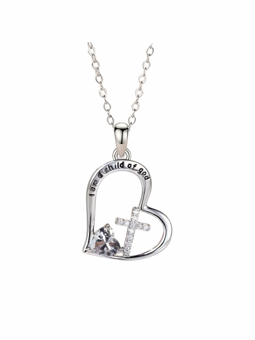 Silver Heart Necklace with Cross and Crystal - I Am a Child of God